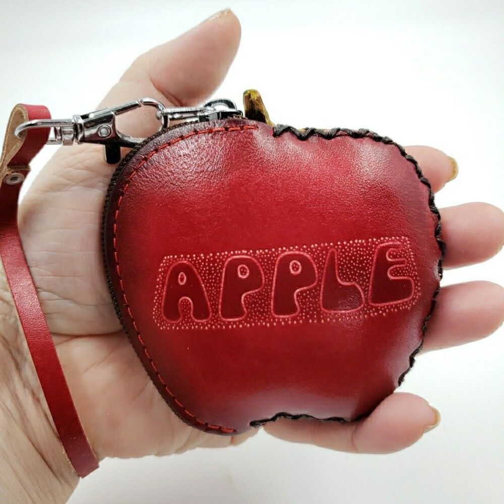 Apple Coin Purse Leather Fruit Mini Wallet Wristlet Keychain Cute Zipper Pouch - Picture 2 of 13